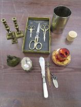 Collectors lot- cranberry glass, Scissor set, mini brass, m.o.p knife etc