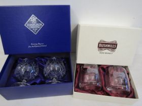Edinburgh crystal brandy glasses boxed and a pair boxed Bushmills scotch glasses
