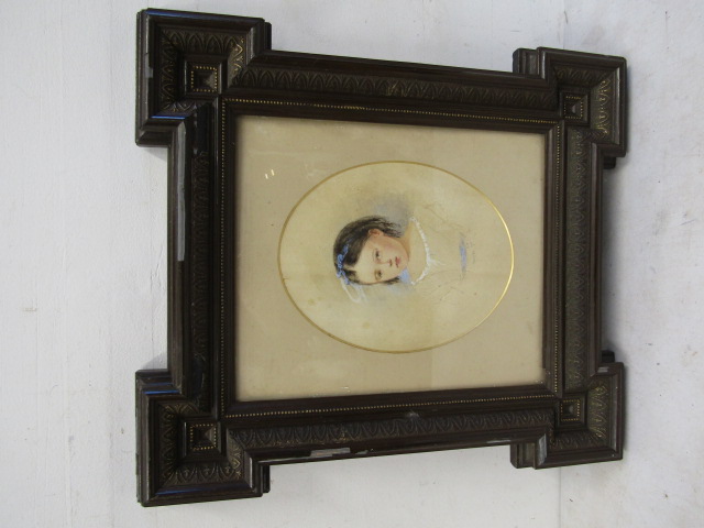 19th C watercolour shoulder and bust of a  pretty girl in resin frame picture 30x25 frame 34x45cm