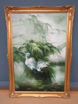 P. White signed oil on canvas of storks in ornate gilt frame 60cm x 86cm approx