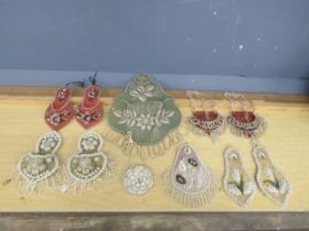 Collection of Victorian beaded wall pockets and wall hangings