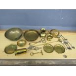 Brass bowls, jug and horse letter rack etc