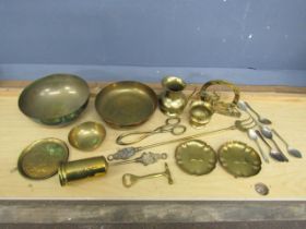 Brass bowls, jug and horse letter rack etc