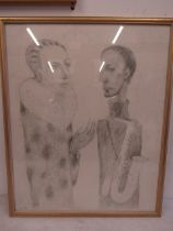 A pencil sketch of 2 men signed Uril 70x56cm