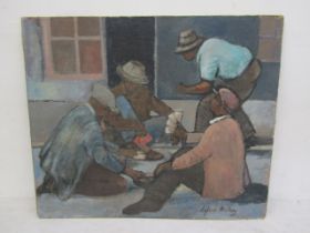 Sylvia Molloy oil on board of street gamblers 60x50cm