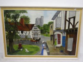 Oil on canvas of a Tudor village scene 80x115cm signed bottom left