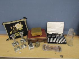 Collectors lot to include candlesticks, embroidered cushion, golf trophy and cutlery set etc