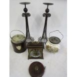 Candlesticks, biscuit barrels, battery clock and vintage tape measure