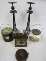 Candlesticks, biscuit barrels, battery clock and vintage tape measure