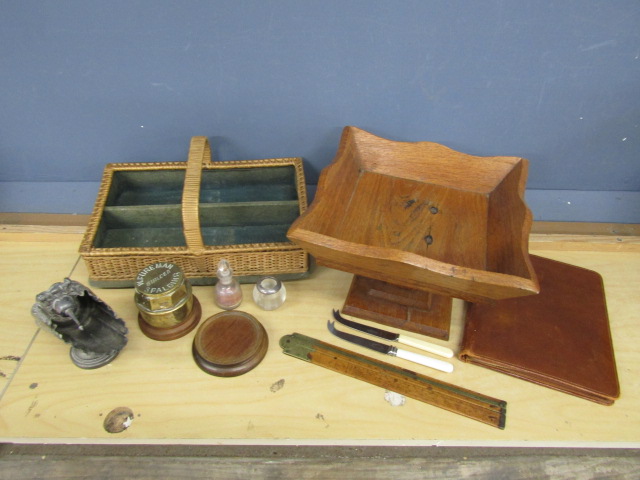 Collectors lot to include pewter sugar scuttle, oak serving bowl and antique brass wheel hub etc