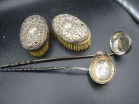 Pair silver backed brushes a/f and 2 white metal toddy spoons