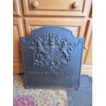 Cast iron Prince and Princess of Wales 1981 Royal wedding commemorative fire back with coat of