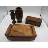 Treen cigarette box, musical box and 2 vases
