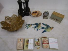 Collectors lot to inc vintage binoclars, Black Forest? folding bowl, perpetual calendar, cigarette