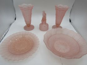 A pale pink glass art deco style set comprised of pair vases, plate, dish and frog in form of a