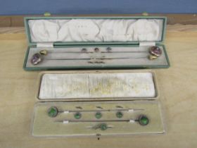 2 Antique hat pin and button sets in cases