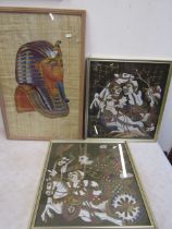 Egyptian print on papyrus grass and 2 Eastern pictures on silk