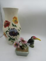 Salcombe pottery vase a Toucan and 'jade' blossom tree