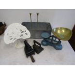 Vintage scales, irons and trivet, cast book stand etc