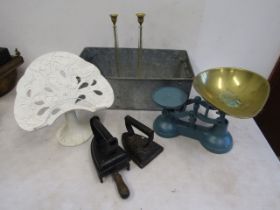 Vintage scales, irons and trivet, cast book stand etc
