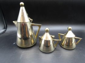 Art Deco brass coffee pot, milk jug and sugar bowl