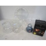 Dartington boxed bottle,  hexagonal lidded pot and various glass wares