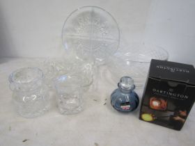 Dartington boxed bottle,  hexagonal lidded pot and various glass wares