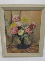 J Hiscock oil on canvas still life flowers mid century 53x64cm