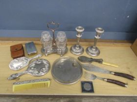 Silver plated candlesticks, dressing table set and cutlery etc