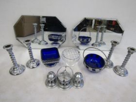 2 mirrored trays, candlesticks, plated table wares