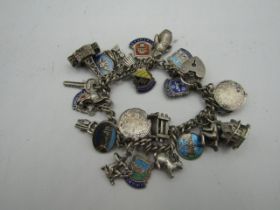 Silver 925 gate bracelet with 25 charms many silver and enamel 59.6gms