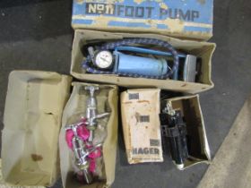 vintage foot pump, taps and bolt set etc