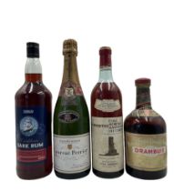 Mixed lot to include Laurent Perrier 75cl, Tesco Dark Rum 1L 37.5%vol, Drambuie 70%vol 68cl and a
