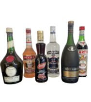 6 bottles to include: 1 litre bt of Smirnoff Blue Vodka 50% 1 litre bt of Remy Martin VSOP Cognac  1