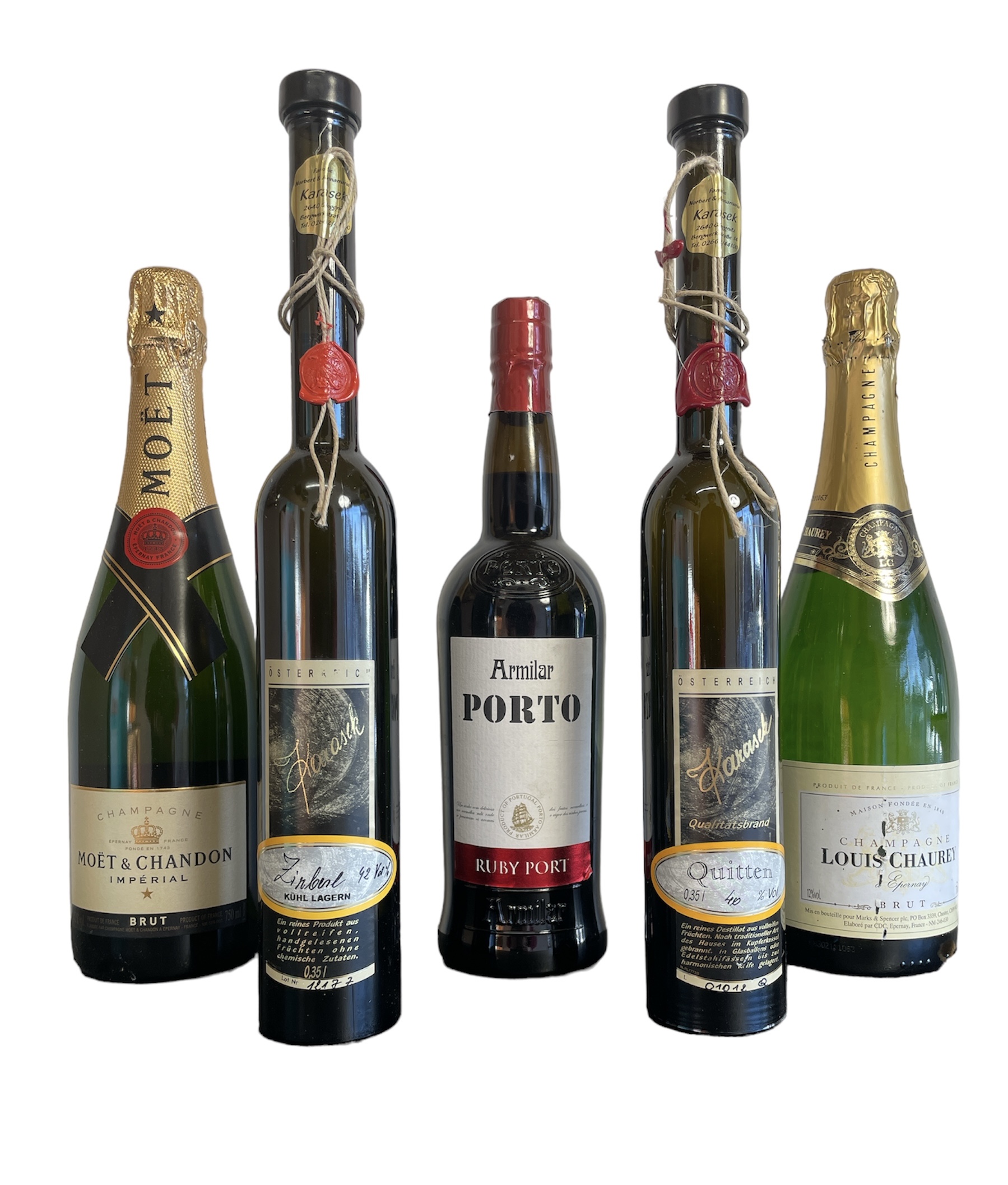 5 bottles to include: 1 bt of Moet & Chandon Brut Imperial Champagne  1 bt of Armilar Port 1 bt of