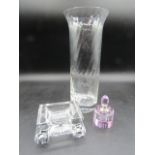 William Yeoward crystal salt dish/bowl, Dartington ripple vase and a pink perfume bottle