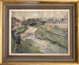 Athene Andrade (1908–1973), oil on canvas landscape village scene, framed 53cm x 43cm - Andrade,