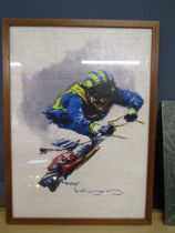 After D. Trundley print on material horse racing jockey with signature bottom right 63x46 framed and