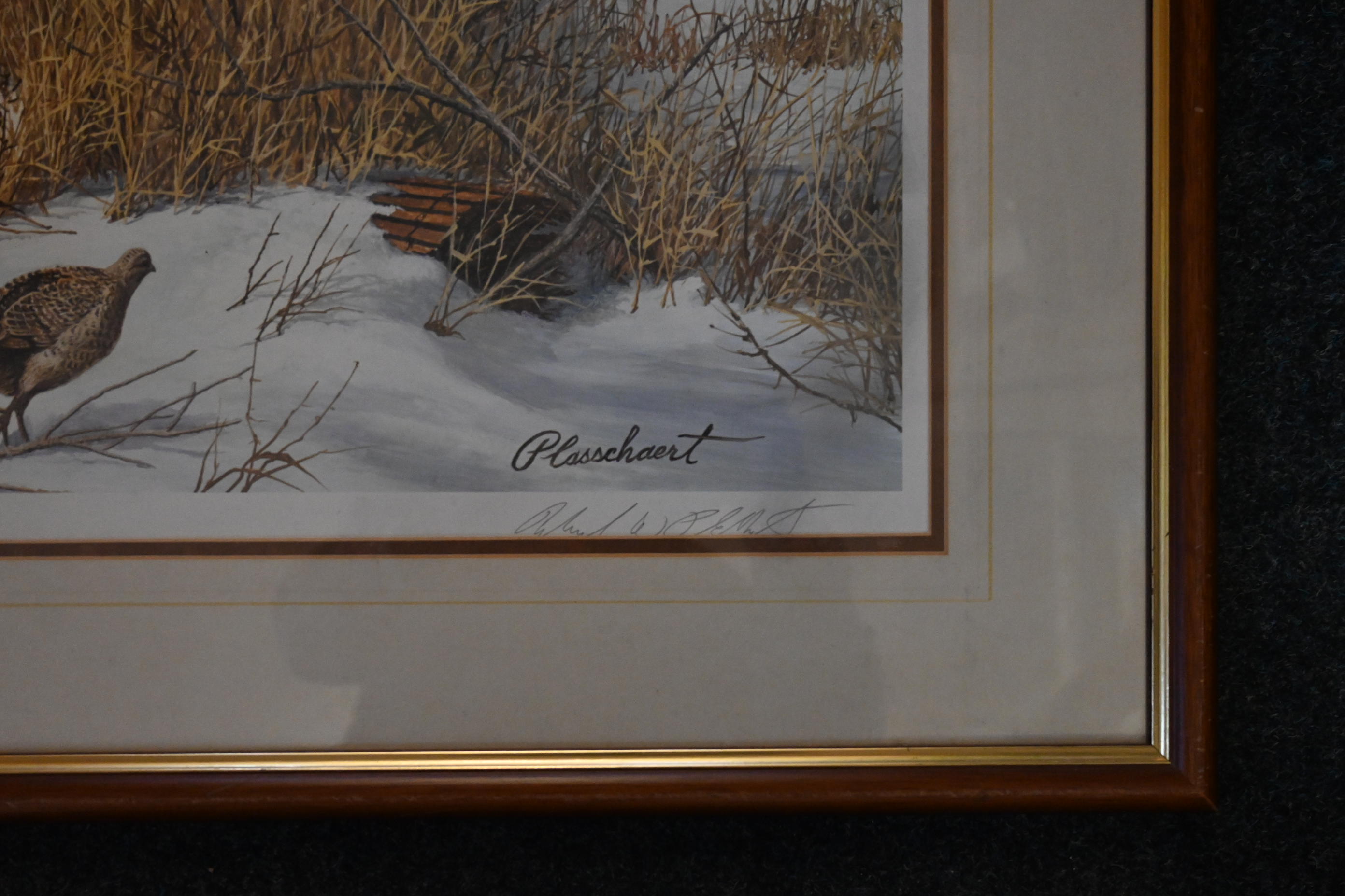 After Richard Plasschaert, Minnesota USA (b. 1941) signed print of Pheasants in snow landscape - Image 3 of 3