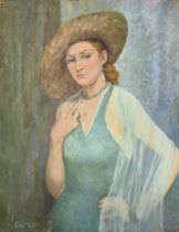 Portrait of a lady in a sum hat and green dress, oil on canvas, signed lower left Costello, dated