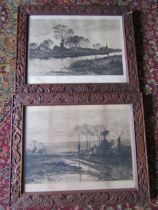 2 Etchings in ornate carved wooden frames (one has broken glass) 55cm x 68cm approx