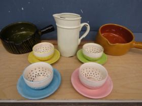 set 4 Berry bowls, 2 pottery pans and a shabby chic style jug