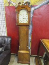 8 day Grandfather clock in oak case by Thoms Beall St Ives? enamel painted face, with weights etc in