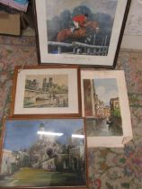 3 city scene watercolours and a print of showjumper Harvey Smith