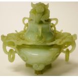 Chinese carved greenstone lidded bowl