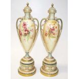 Pair of Royal Worcester blush ivory lidded urns