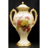 Early Royal Worcester hand painted lidded vase