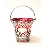 Victorian sterling silver & ruby glass basket bowl