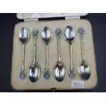 Cased six George VI silver & enamel coffee spoons