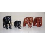 Two pairs carved wood elephant figures